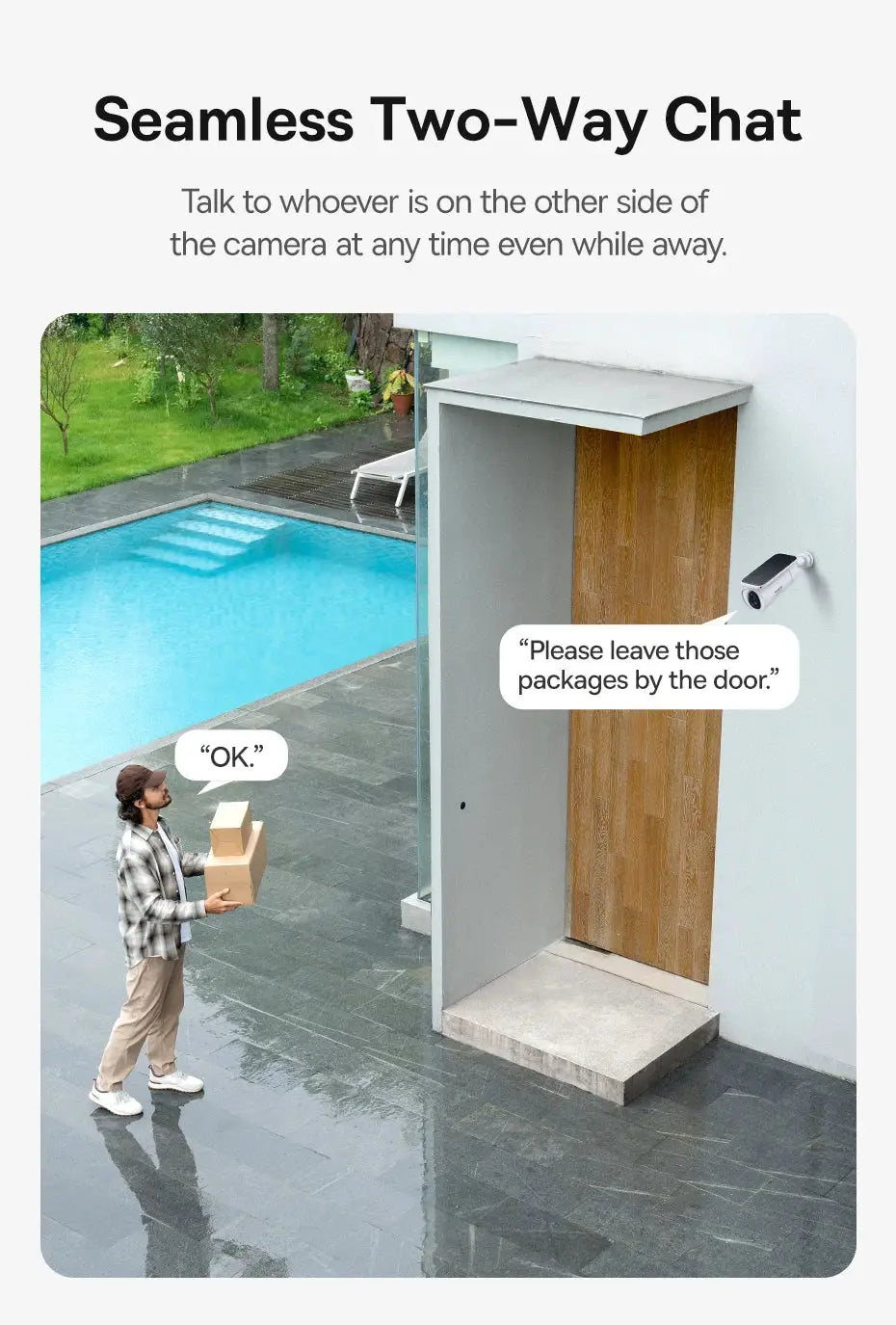 Baseus Security S1 outdoor solar WiFi camera at a doorway; delivery person carrying packages nearby.