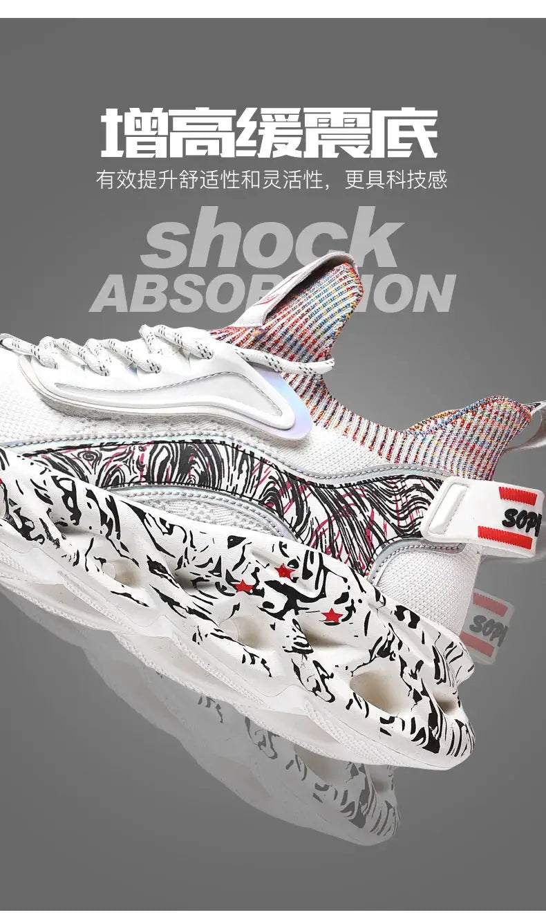 Pair of men's white Simples Market sneakers with multicolor knit collar.