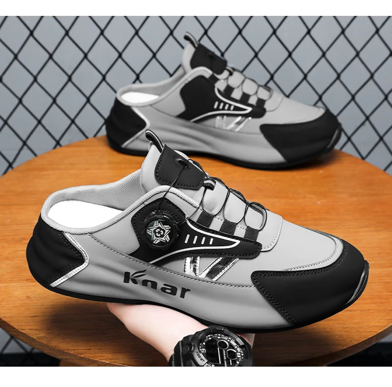 Simples Market men's lightweight non-slip running shoes in grey and black, two sneakers shown on a table