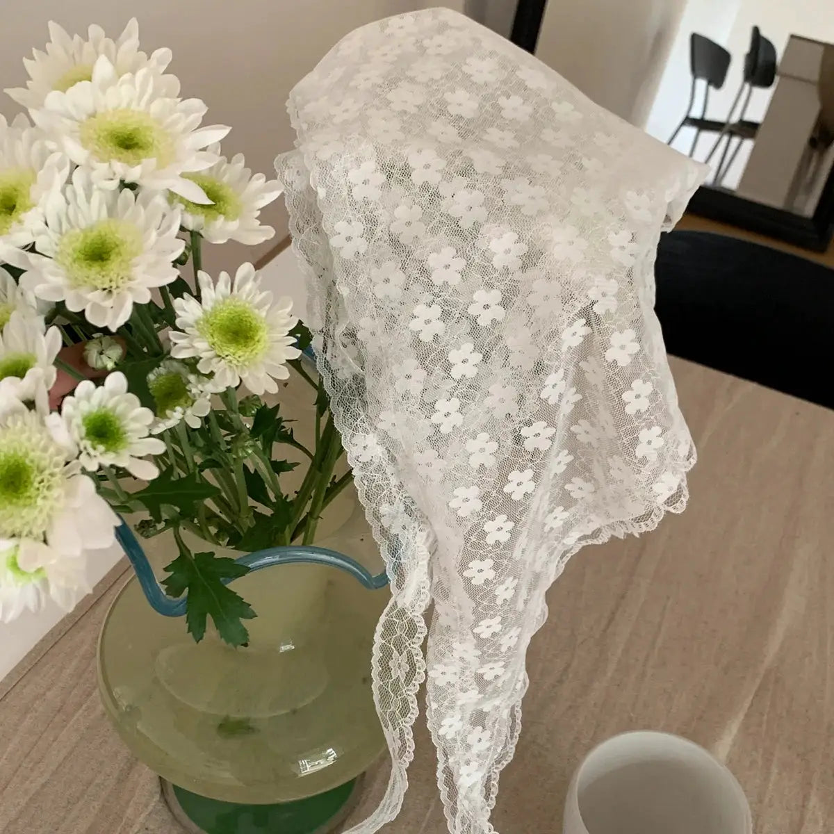 White Lace Triangle Scarf for Women Elegant Floral Ribbon Style Breathable Polyester Cotton Blend Travel Accessory