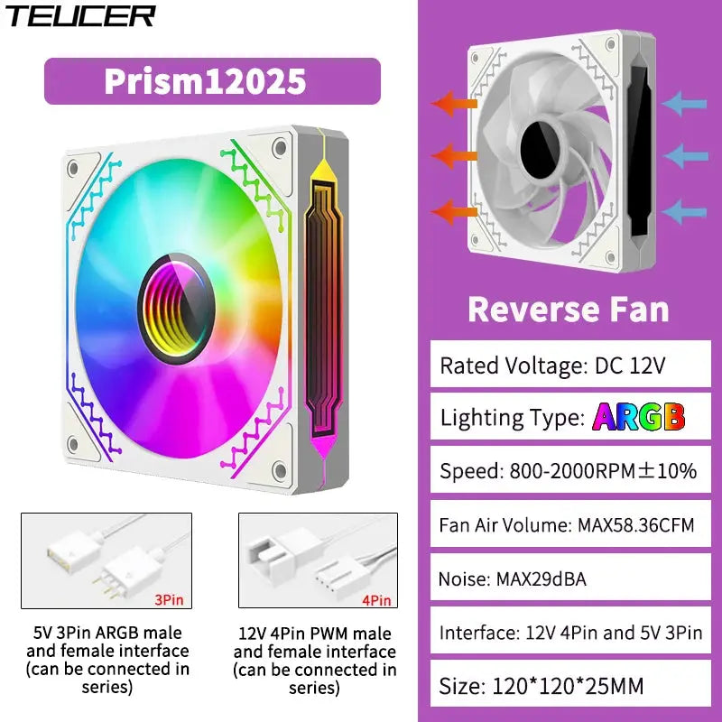 TEUCER Prism12025 120mm ARGB PC case fan with 5V 3Pin and 12V 4Pin PWM interfaces, 800-2000RPM.