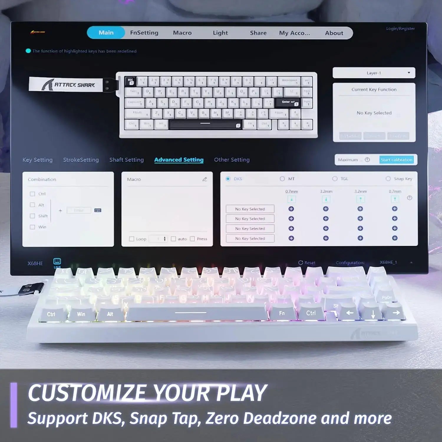 Attack Shark X68 HE wired 60% white mechanical gaming keyboard with adjustable actuation and Hall effect switches