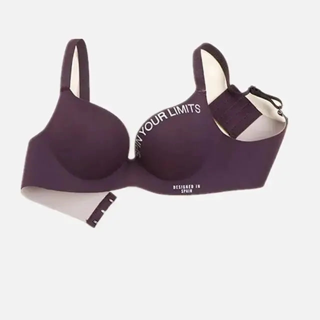 Purple Simples Market bralette with seamless cups, printed letters and adjustable straps