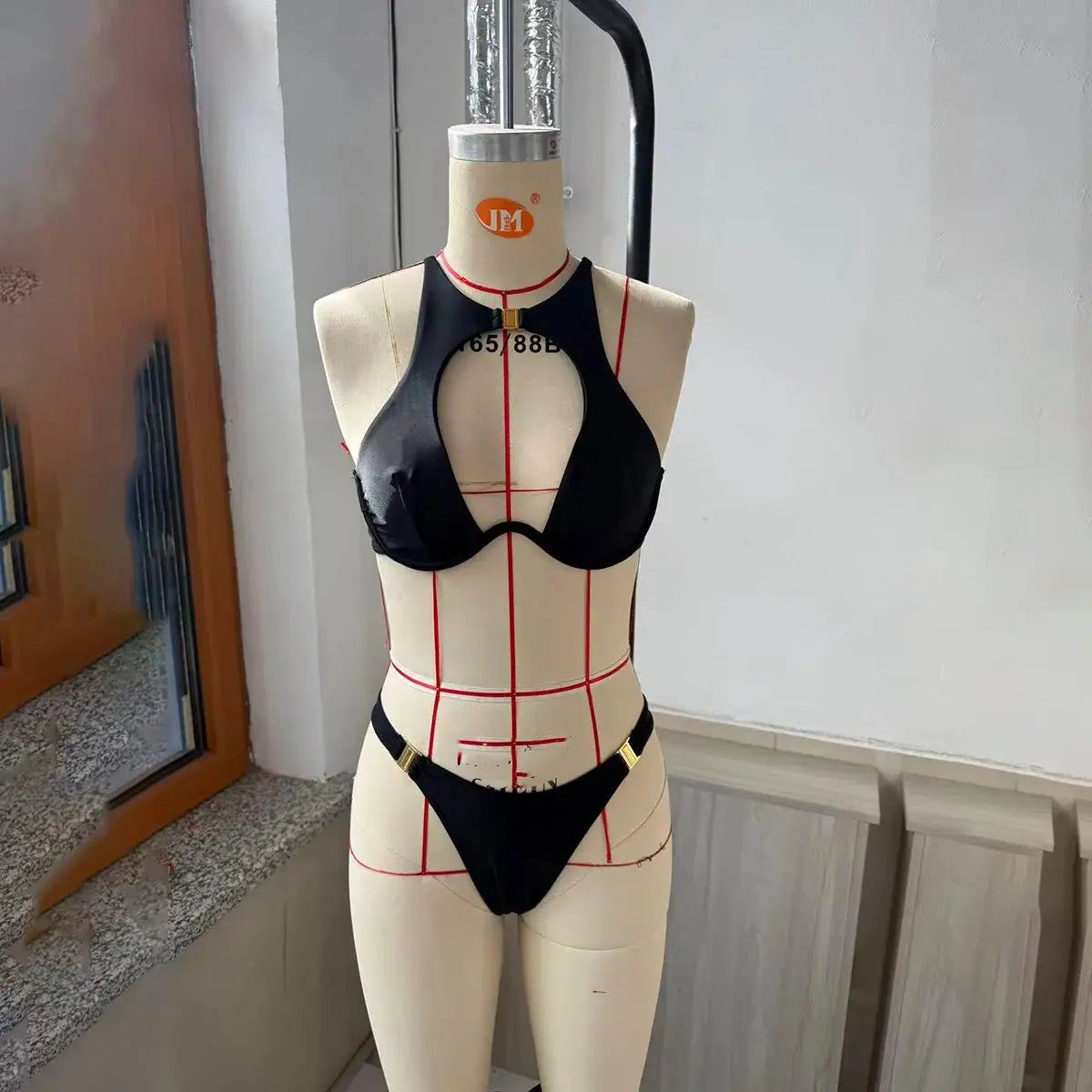 Simples Market 3-piece black bikini set; push-up triangle top, matching bottoms with gold hardware and cover-ups