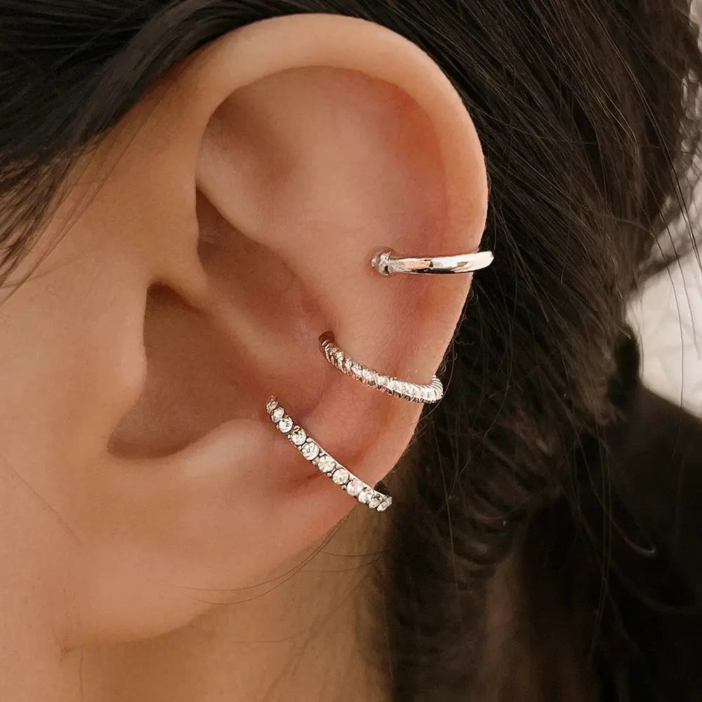 3-piece crystal ear cuff set for women; non-piercing cartilage clips in gold and silver tones by Simples Market