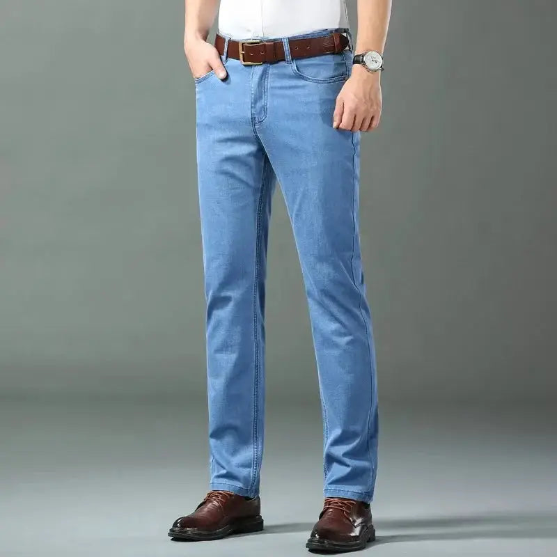 Ice Silk Denim Jeans For Men Blue Straight Stretch Cotton Pants