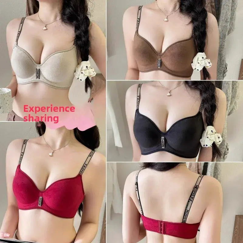 Push-up bra collage in four colors (beige, brown, black, red) with smooth seamless cups and branded straps