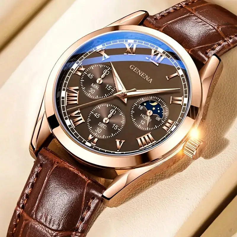 Men's Business And Casual Quartz Watch With Leather Band Roman Numeral Dial Durable Alloy Case