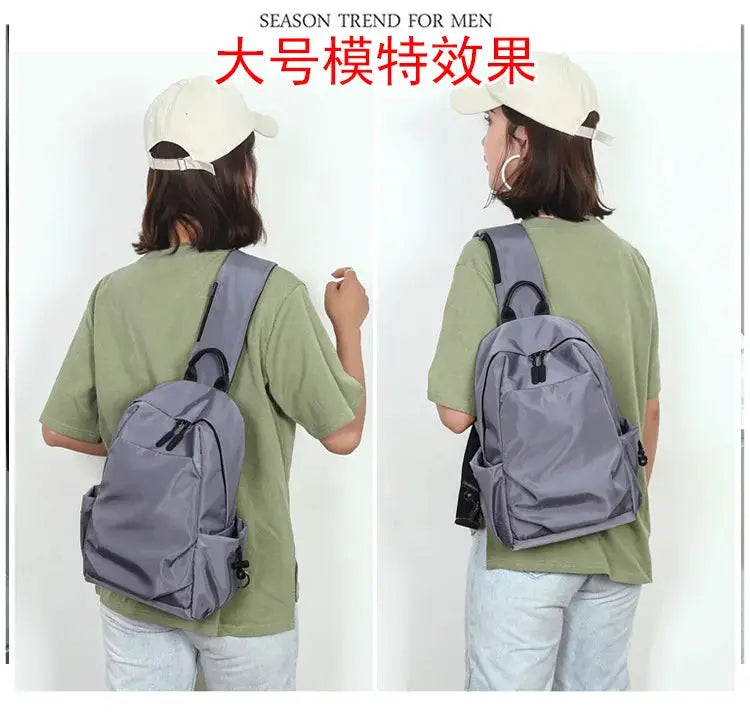 Simples Market men's large gray canvas chest bag crossbody with zip pockets, shown from two angles.