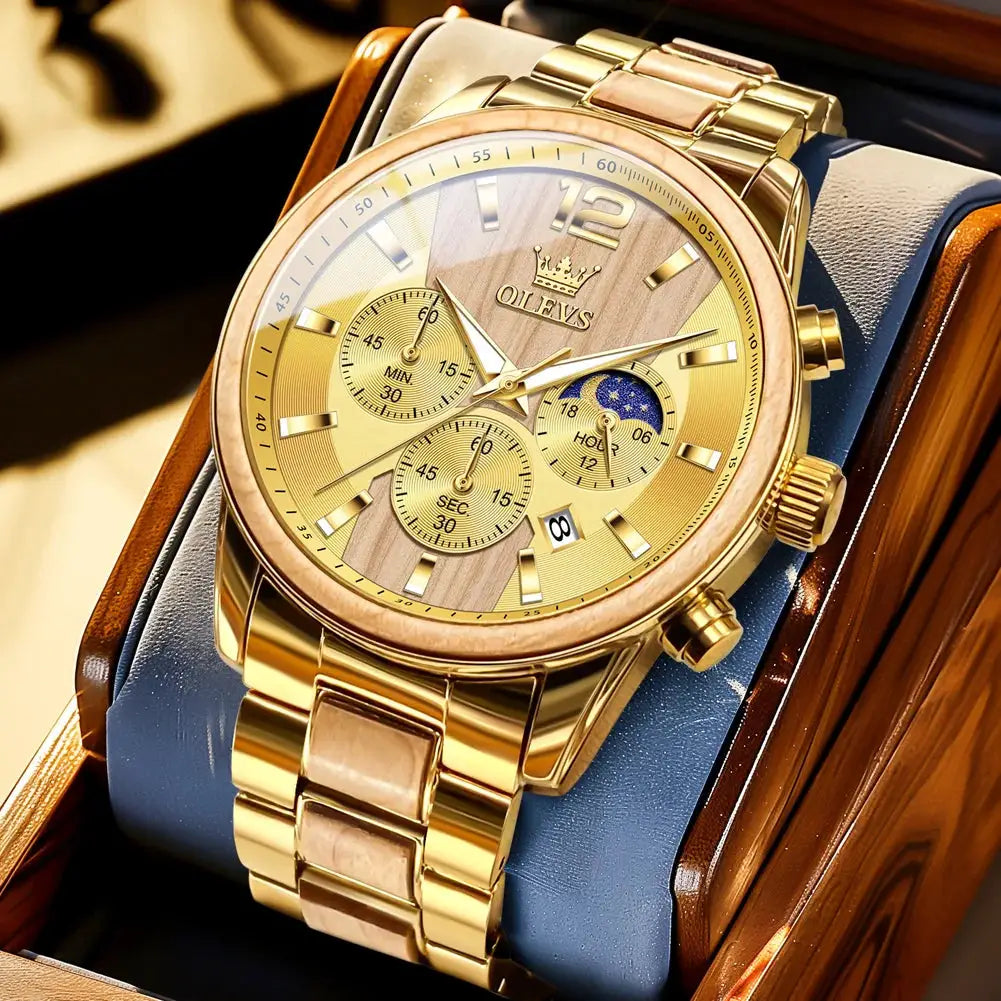 OLEVS men's gold-tone wristwatch with wooden dial, three subdials and date window.