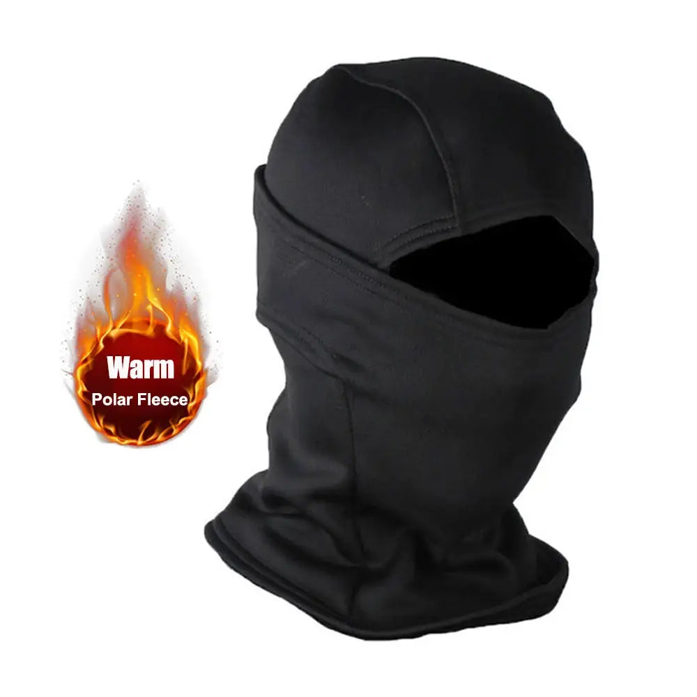 Balaclava, black polar fleece, full-face mask for outdoor cold-weather activities.