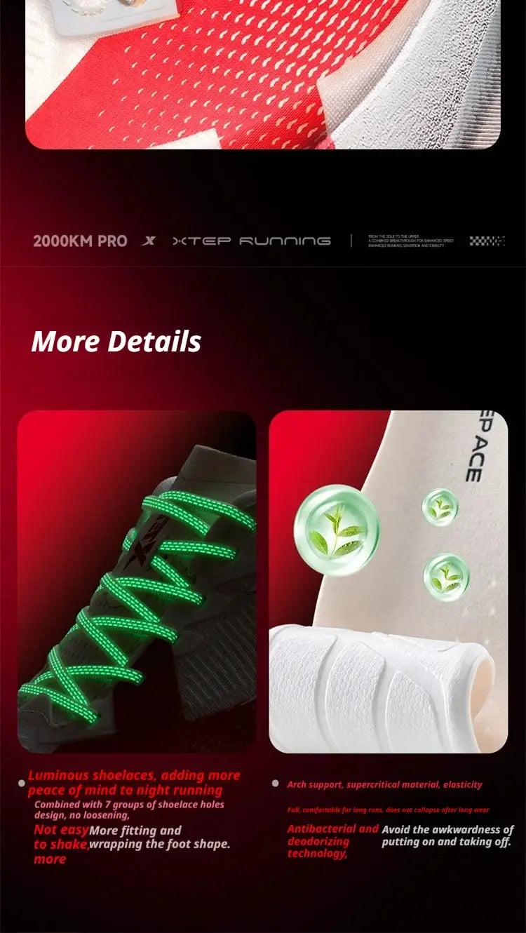 XTEP 2000km PRO men's running shoes with neon green laces, dual shoe visuals