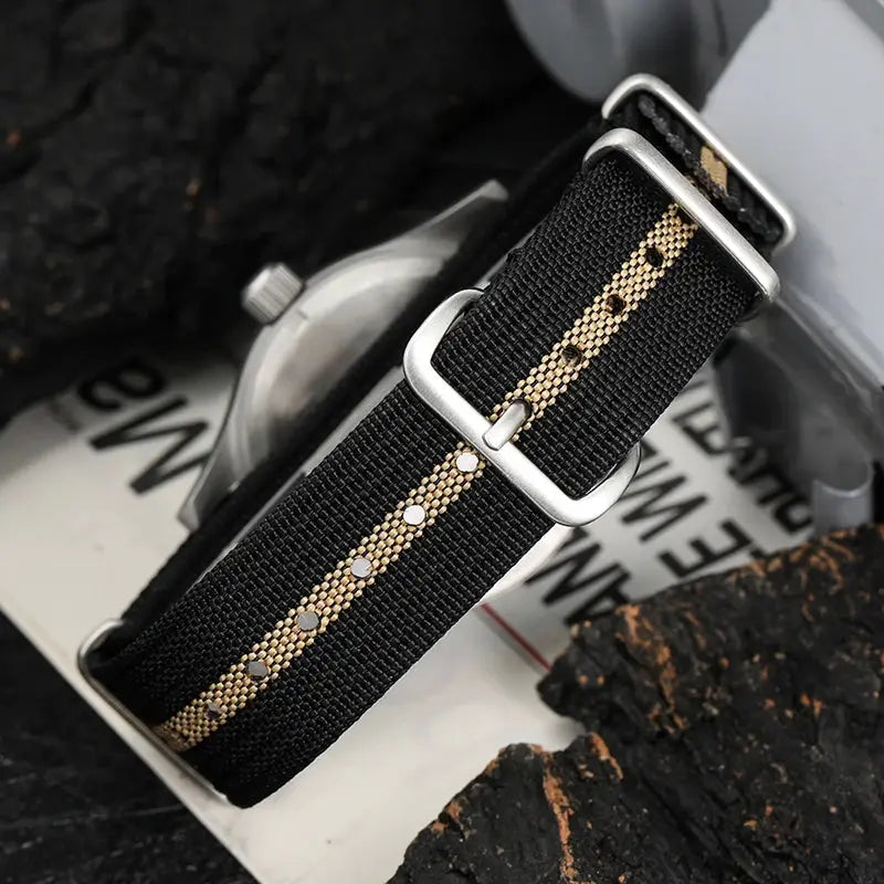 Militado ML05 watch strap in black nylon with beige stripe and metal buckle