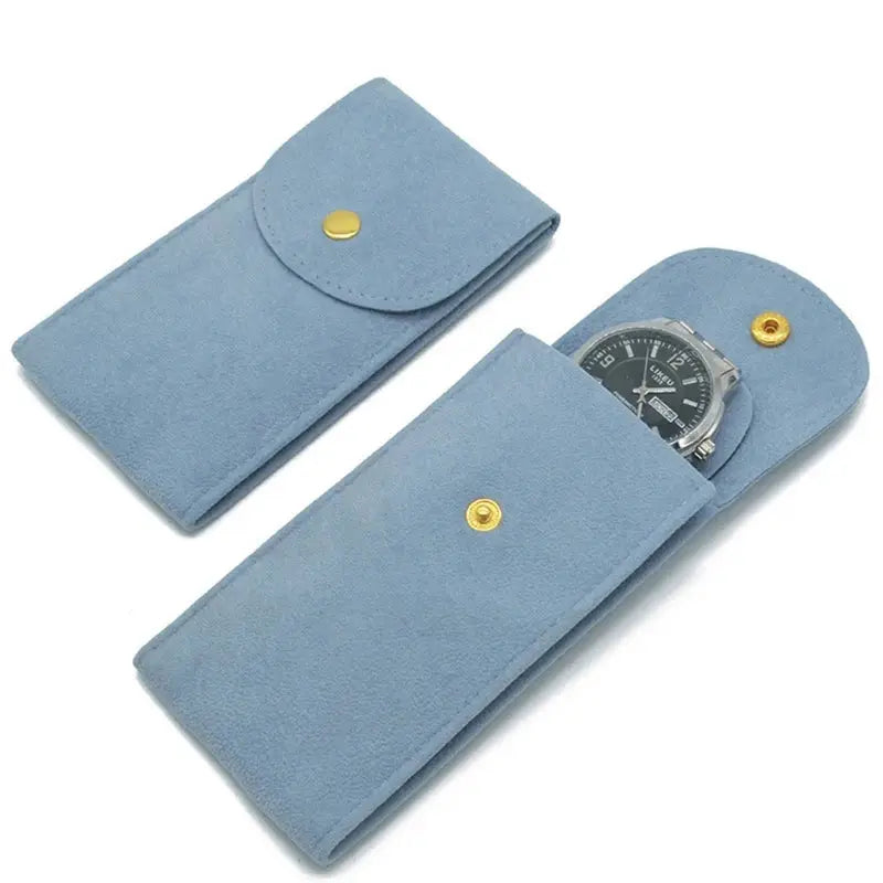 Blue flannelette watch bag case set (2) for travel storage and dust protection