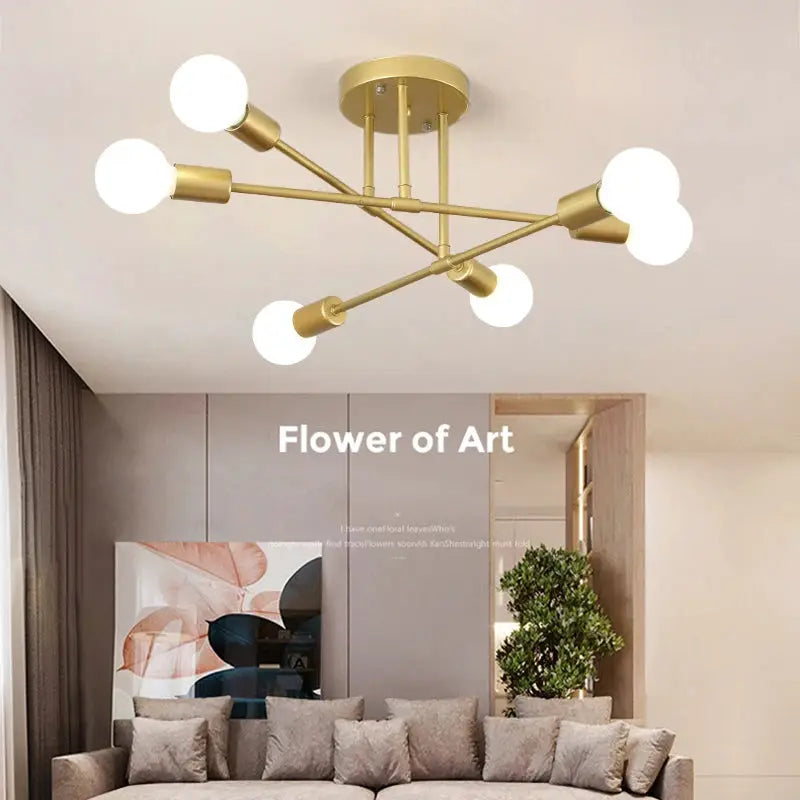Retro industrial six-arm LED ceiling lamp in brass finish for living room decor, E27 compatible.