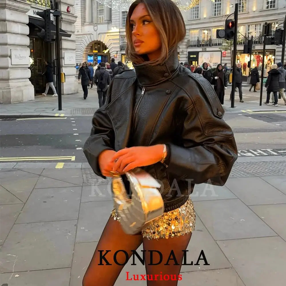 Kondala Womens Black Leather Jacket Casual Chic Oversized Elastic Fit With Button Details For Streetwear 2026