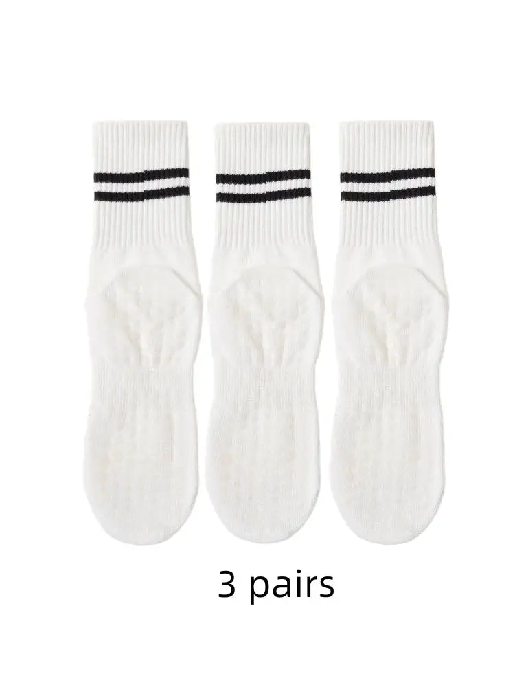 Three Pairs Yoga Socks Women Medium Length Anti Slip Silicone Sole Indoor Fitness Pilates Breathable Polyester