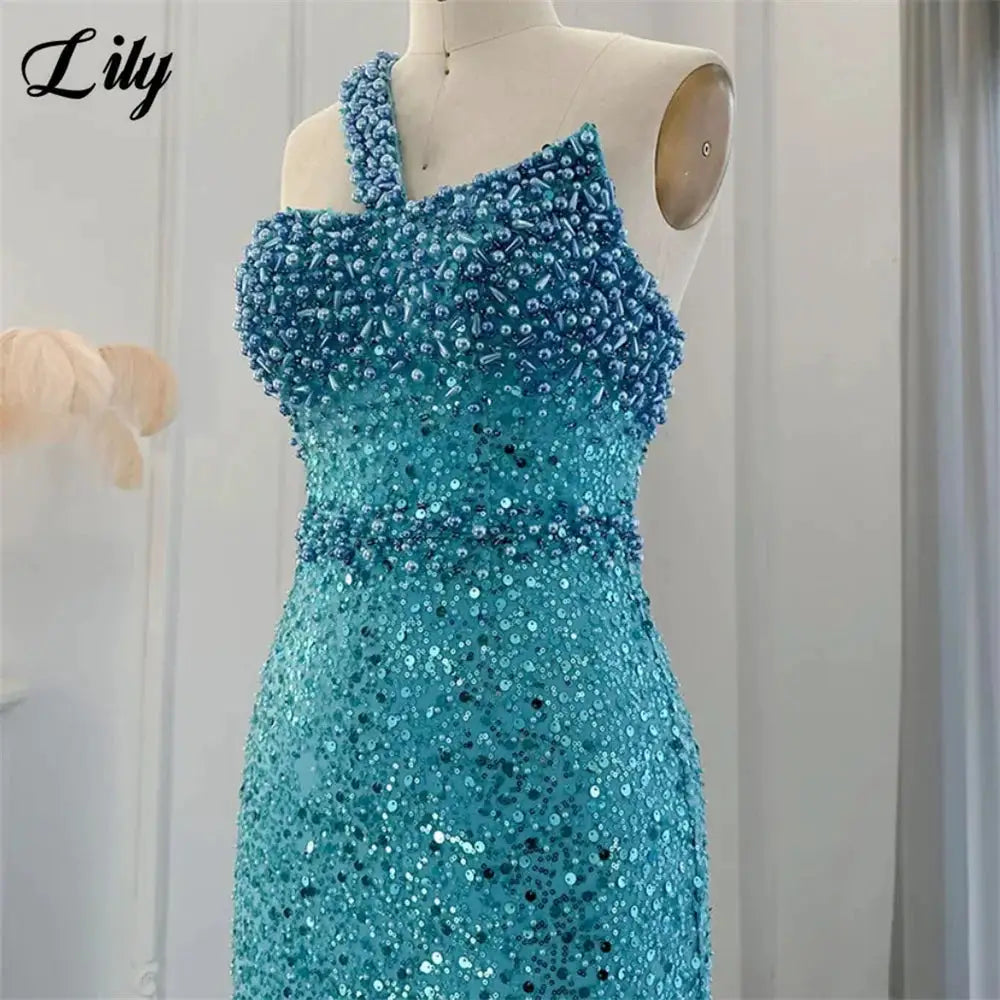 Lily Blue Prom Dress One Shoulder Sleeveless Mermaid Gown Rhinestones