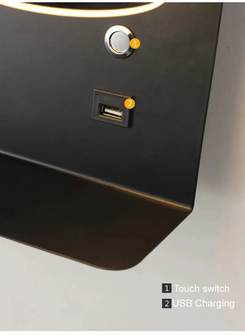 Bedroom LED wall lamp with touch switch and USB charging port on black panel, modern sconce