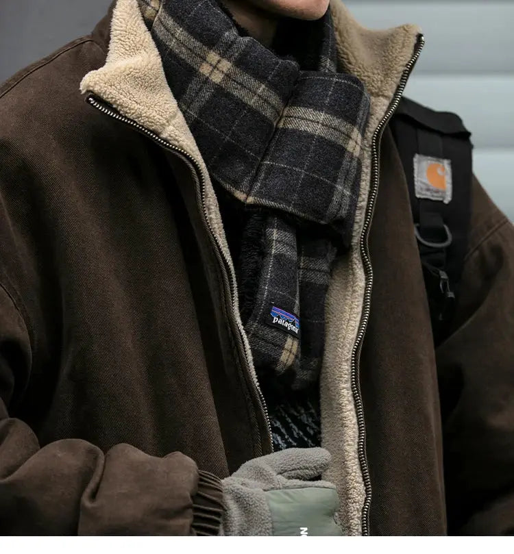 Japanese vintage polar fleece jacket for men in brown with tan sherpa lining, paired with plaid scarf; Patagonia tag visible.