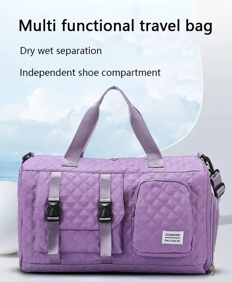 Durable nylon travel duffle bag in purple with quilted argyle pattern and front pocket, ZUOMANNI