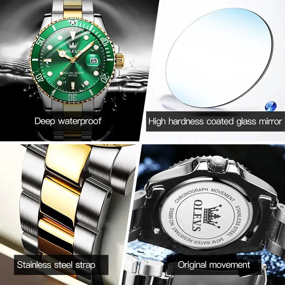 OLEVS Top Original Men Quartz Watch With Stainless Steel Band Green Dial Luminous Hands Water Resistant Luxury Timepiece