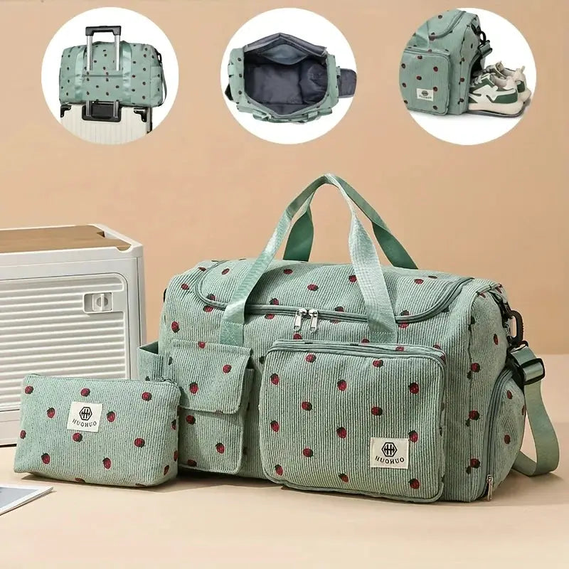 Strawberry-pattern corduroy travel bag set (2-piece): large mint green luggage bag with handles and matching small pouch