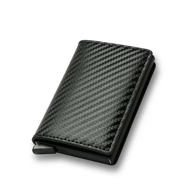 Anti-theft RFID card holder wallet, black carbon-fiber textured slim minimalist design.