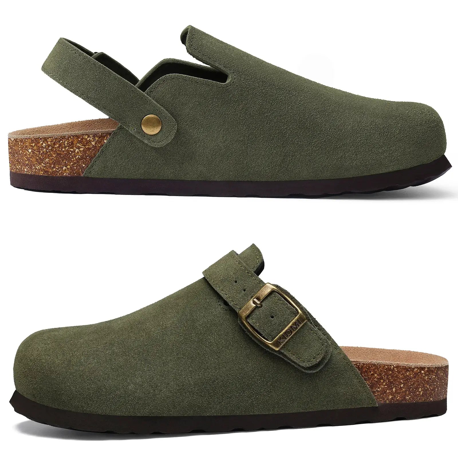 Litfun suede women's clogs with adjustable strap and cork footbed, olive green