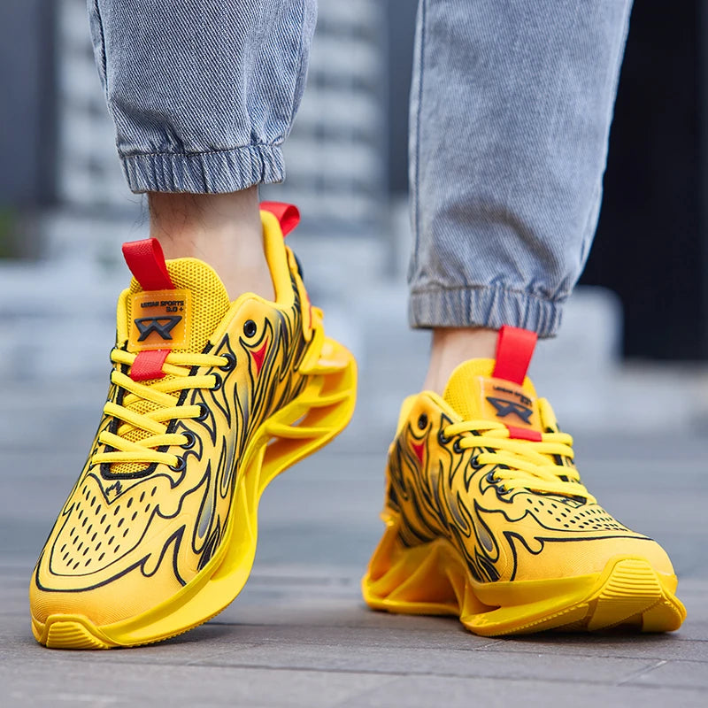 Men's yellow running sneakers by Simples Market with black abstract pattern and red pull tabs