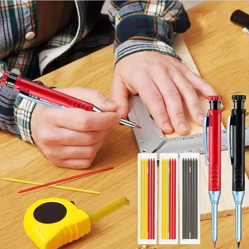 Carpenter pencil set by Simples Market with 16 refills, red and black 2.8mm mechanical pencils on wood table
