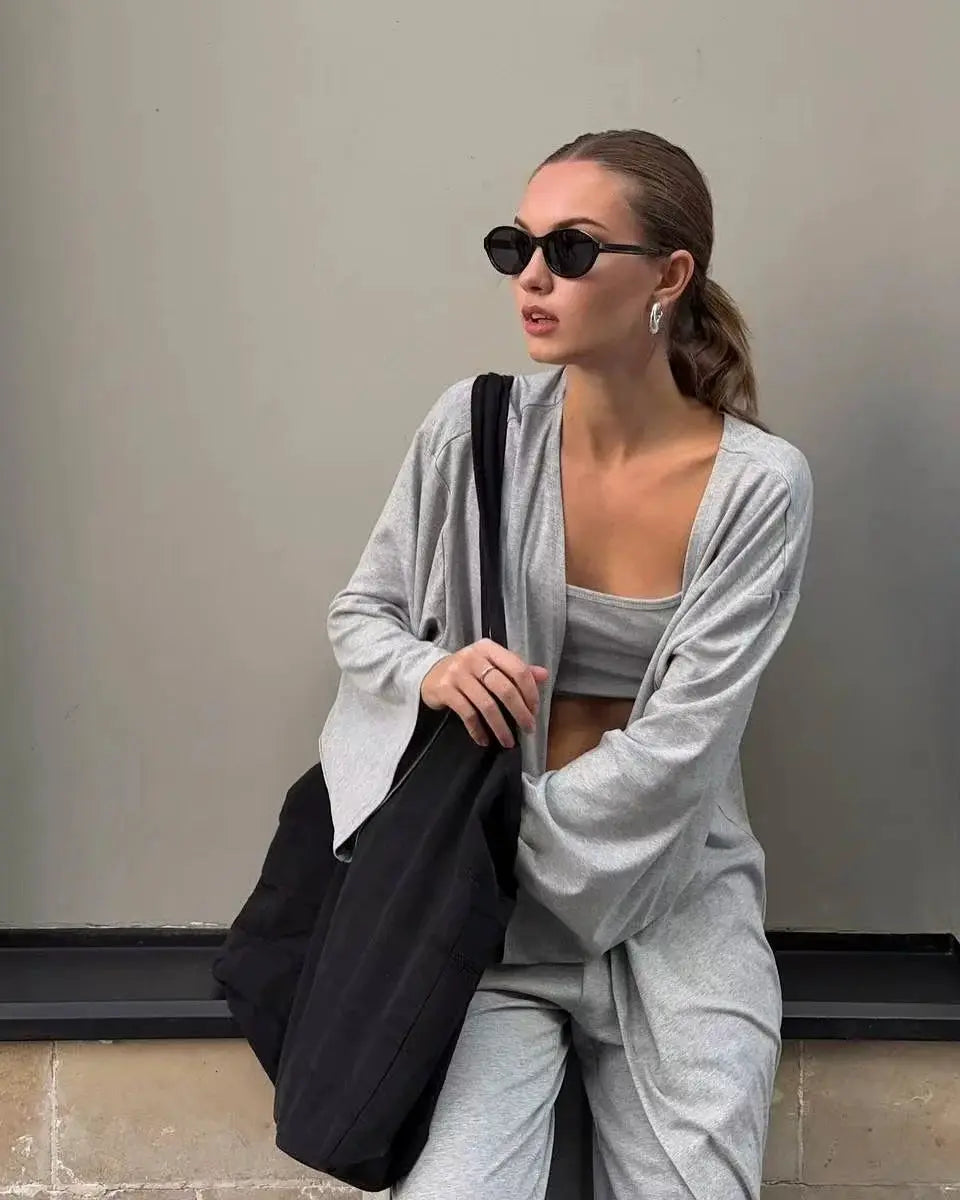 Modal Three Piece Women Set Long Sleeve Cardigan Vest High Waist Pants