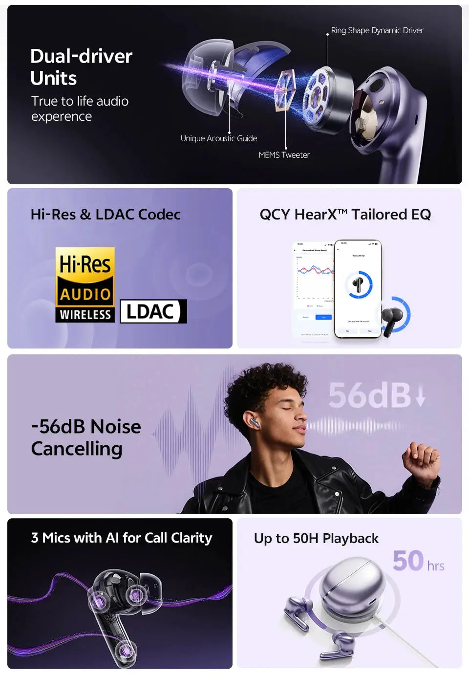 QCY HT18 MeloBuds N70 wireless earbuds, purple finish, Hi-Res LDAC with adaptive ANC