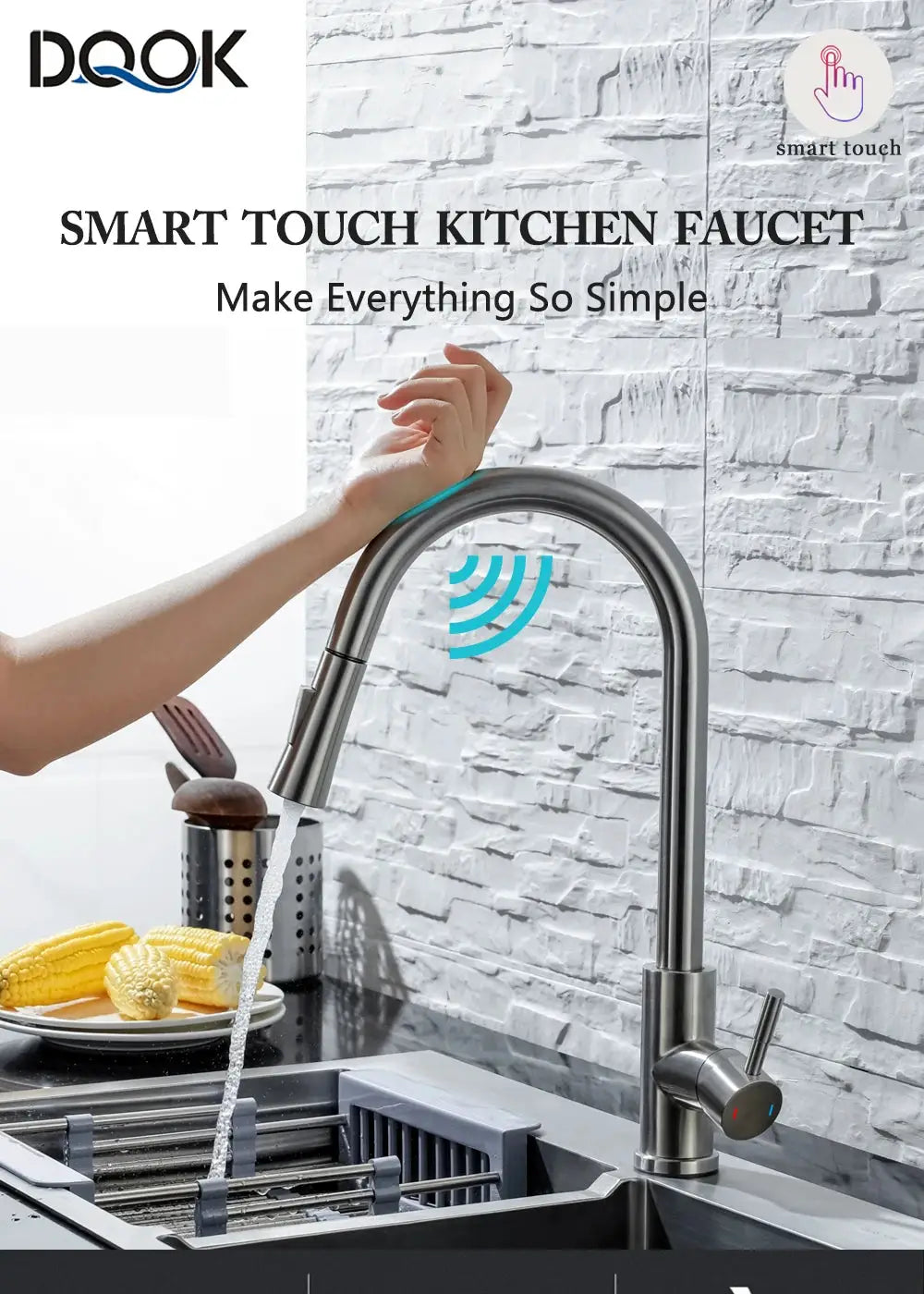 Pull-out kitchen faucet in brushed nickel with smart touch sensor by DQOK