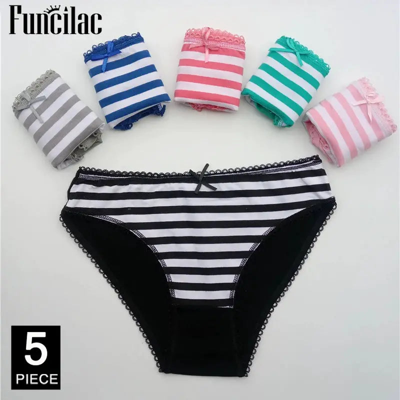 Women's cotton panties Funclac, 5-piece striped bikini briefs set with lace trim, includes black-and-white main pair.