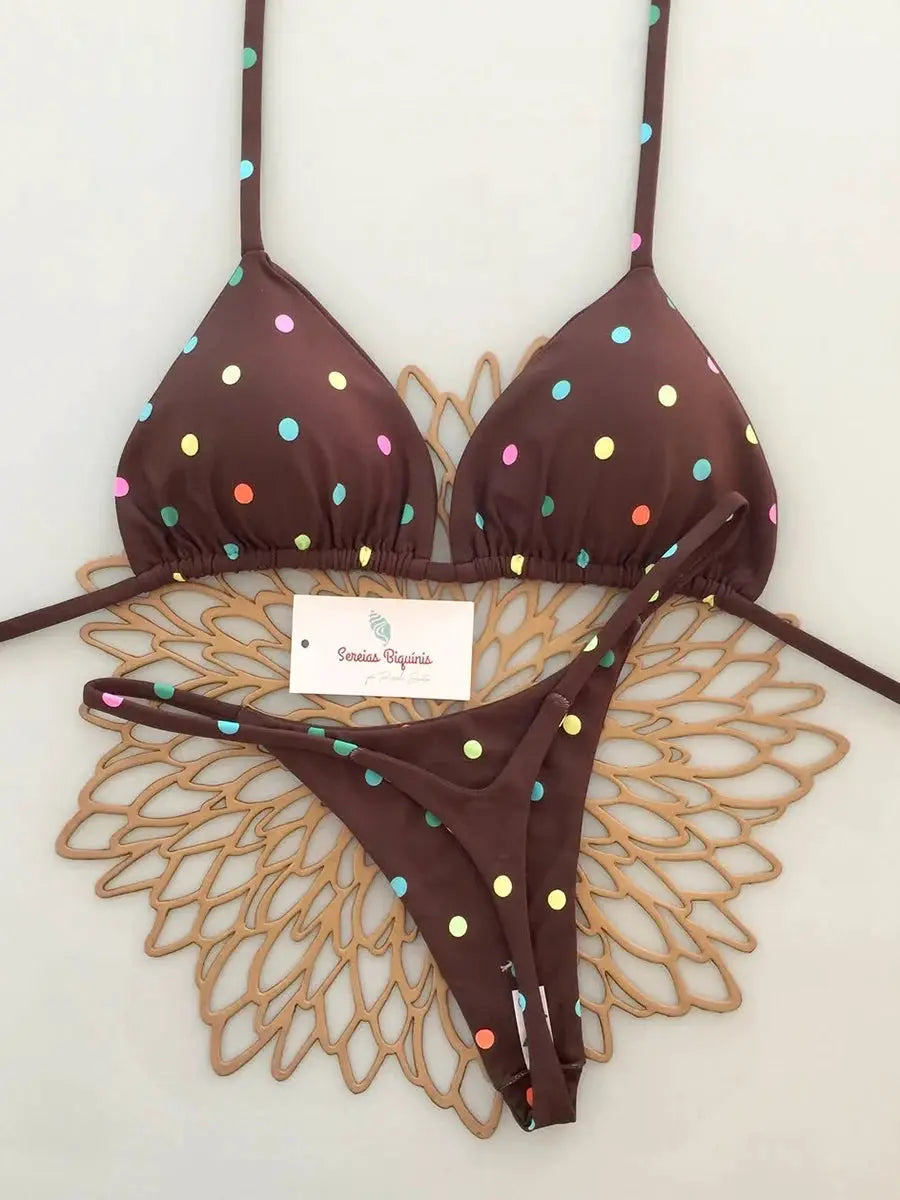 Bikini set in brown with multicolor polka dots; two-piece halter top and thong bottoms