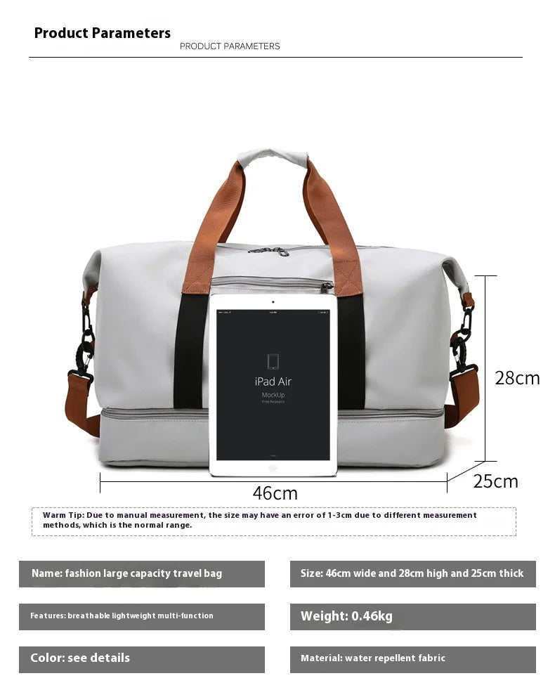 Large capacity travel gym bag in grey waterproof fabric with brown handles and black shoulder straps