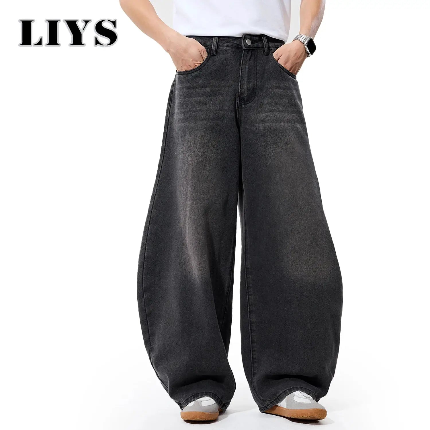 LIYS men's wide-leg black denim jeans, baggy retro street style