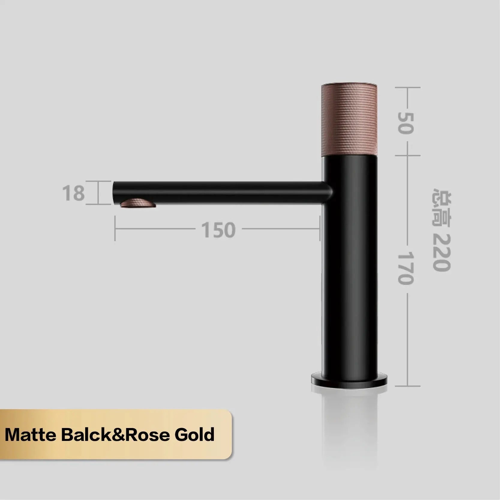 Matte black bathroom faucet with rose-gold knurled handle for hot and cold water.