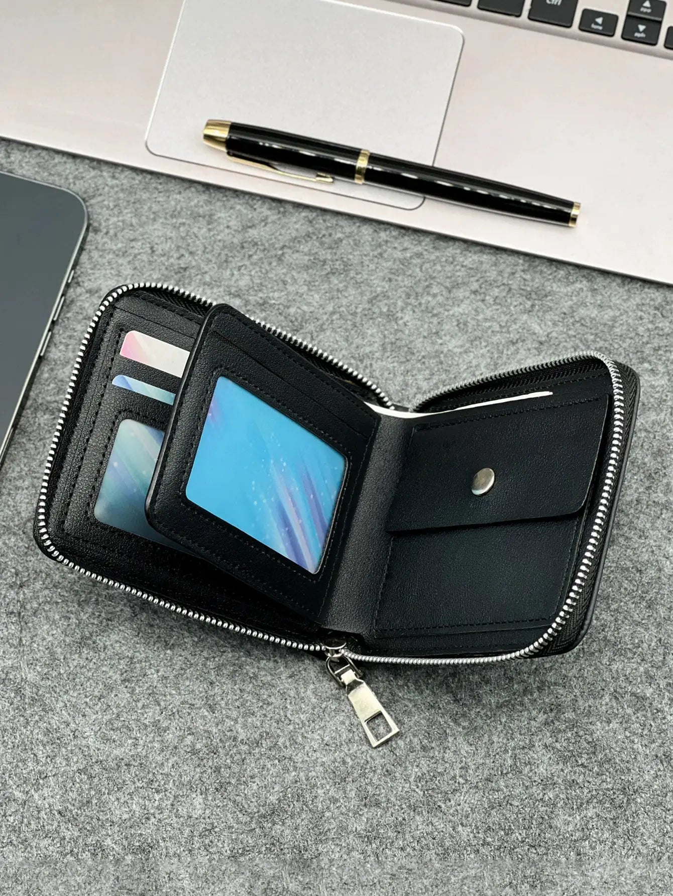 Zippered Slim Men's PU Wallet by Simples Market in black with card slots and transparent ID window