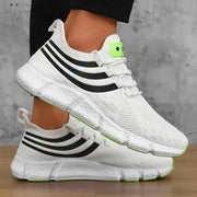 Men’s sneakers by Simples Market, white breathable platform sneakers with black stripes and neon green accents