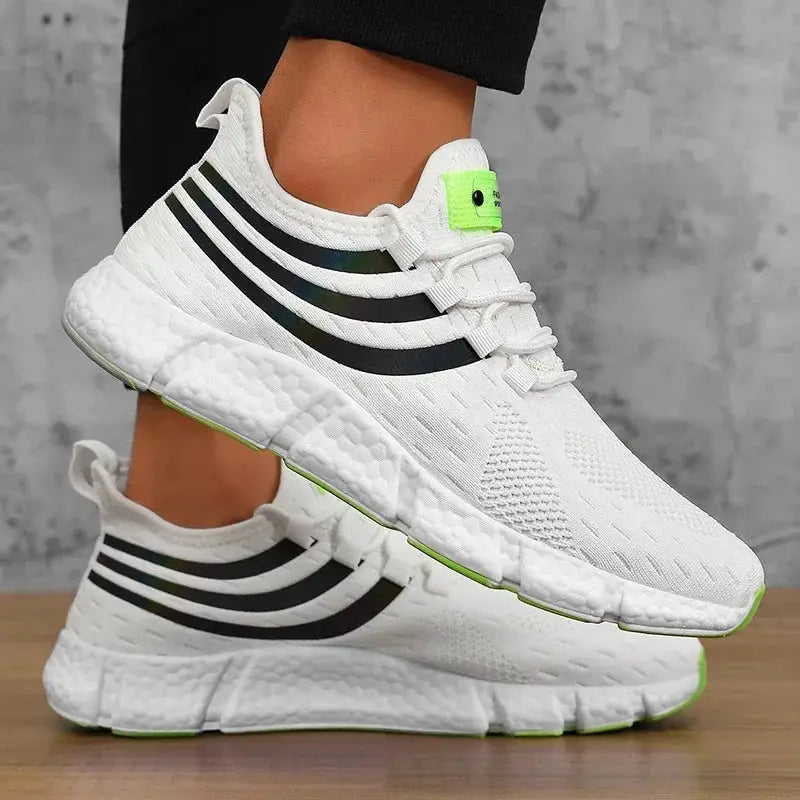 Men’s sneakers by Simples Market, white breathable platform sneakers with black stripes and neon green accents