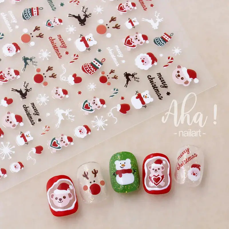 Winter Christmas nail stickers by Simples Market; Aha! nailart sheet with Santa, snowman, reindeer, and snowflakes