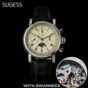 Sugess men's wristwatch ST1908 with swan-neck movement, cream dial, moonphase calendar, leather strap