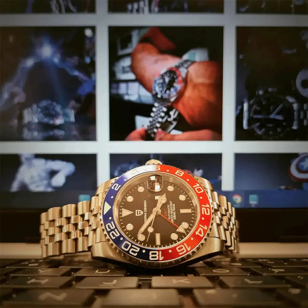 Pagani Design men's luxury stainless steel GMT watch with blue-red two-tone bezel and sapphire glass