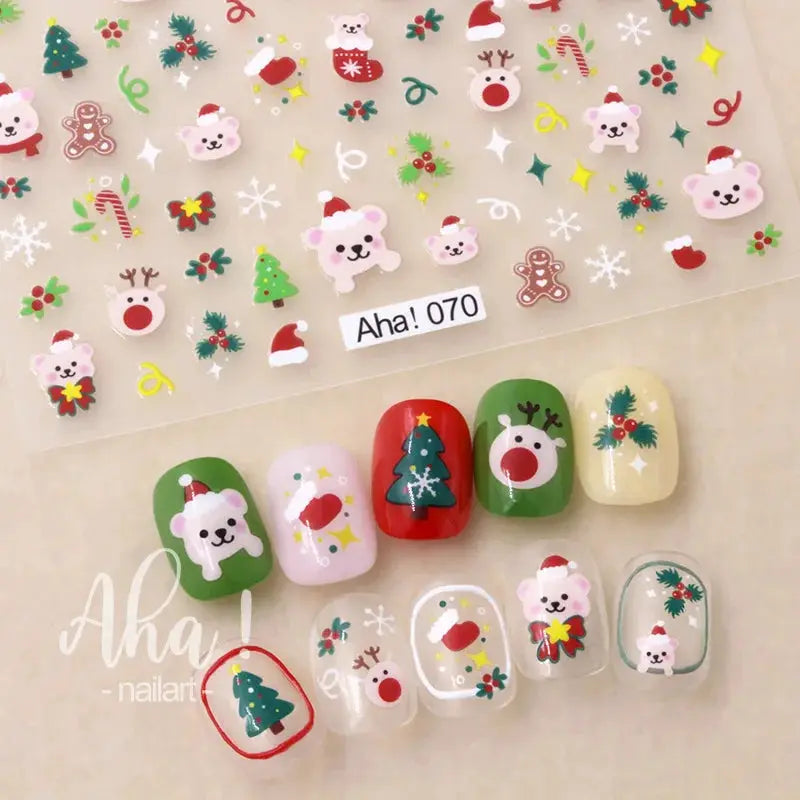 Winter Christmas nail stickers sheet, self-adhesive with snowmen, reindeer and snowflakes; nails show festive decals.