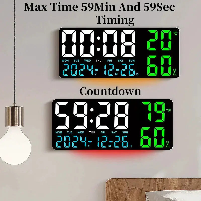 Two large digital wall clocks with 7-color mood LED lights, date, temp, humidity, 12/24h time, countdown, dual alarms