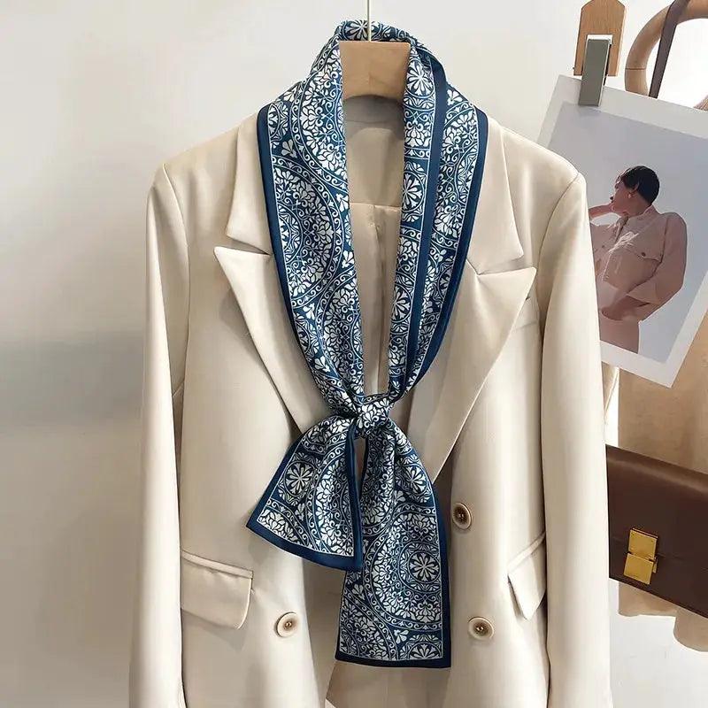 LuxeSilk Silk Feel Printed Design Scarf Versatile Long Narrow Silk Shawl For Fashionable Styles
