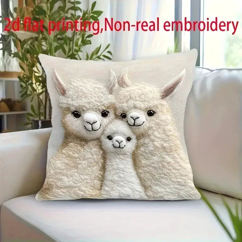 Cute Alpaca Family 2D flat-printed pillow cover by Simples Market featuring three cream alpacas on a white cushion