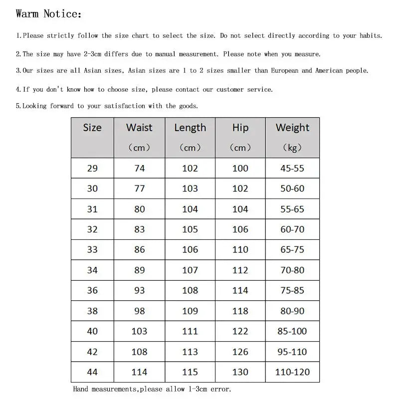 Men's tactical overalls size chart showing waist, length, hip and weight ranges; sizes 29–44